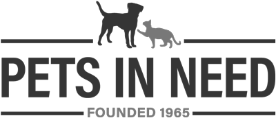 Logo featuring a silhouette of a dog and a cat above the words Pets In Need. Below the main text, it says Founded 1965. Horizontal lines frame the text.