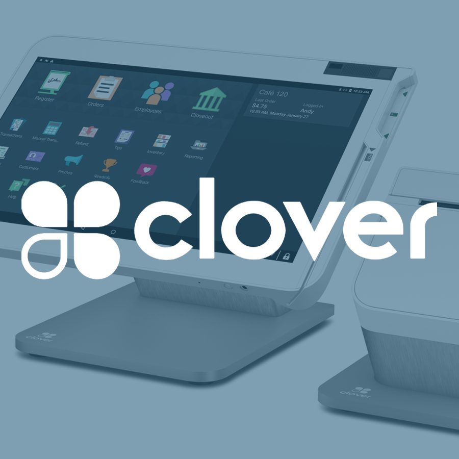 Clover POS system, showing register, orders, and employee management apps.