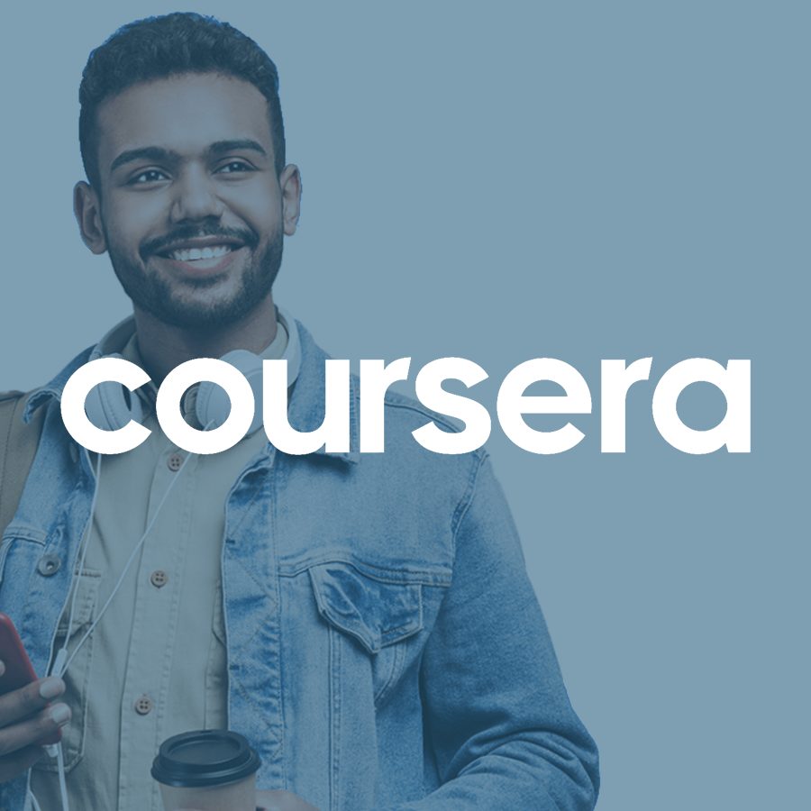 Coursera: Smiling student with coffee and headphones, ready to learn.