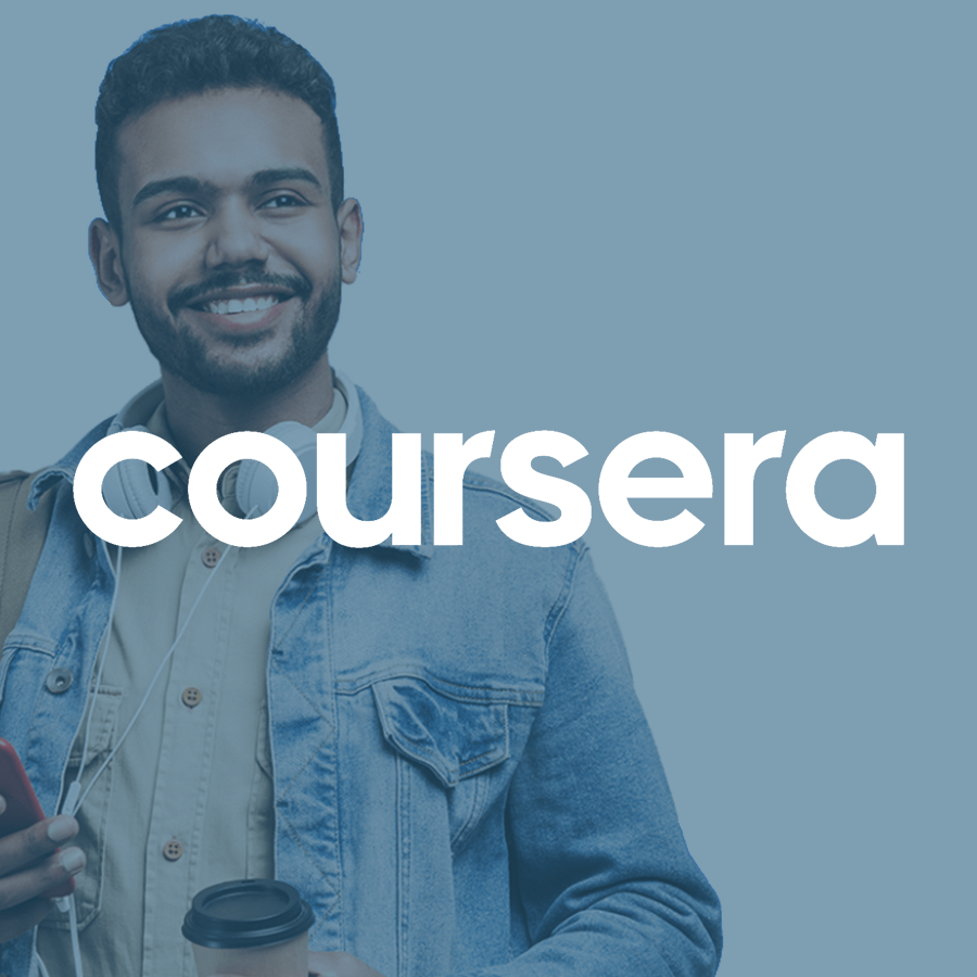 Coursera: Smiling student with coffee and headphones, ready to learn.