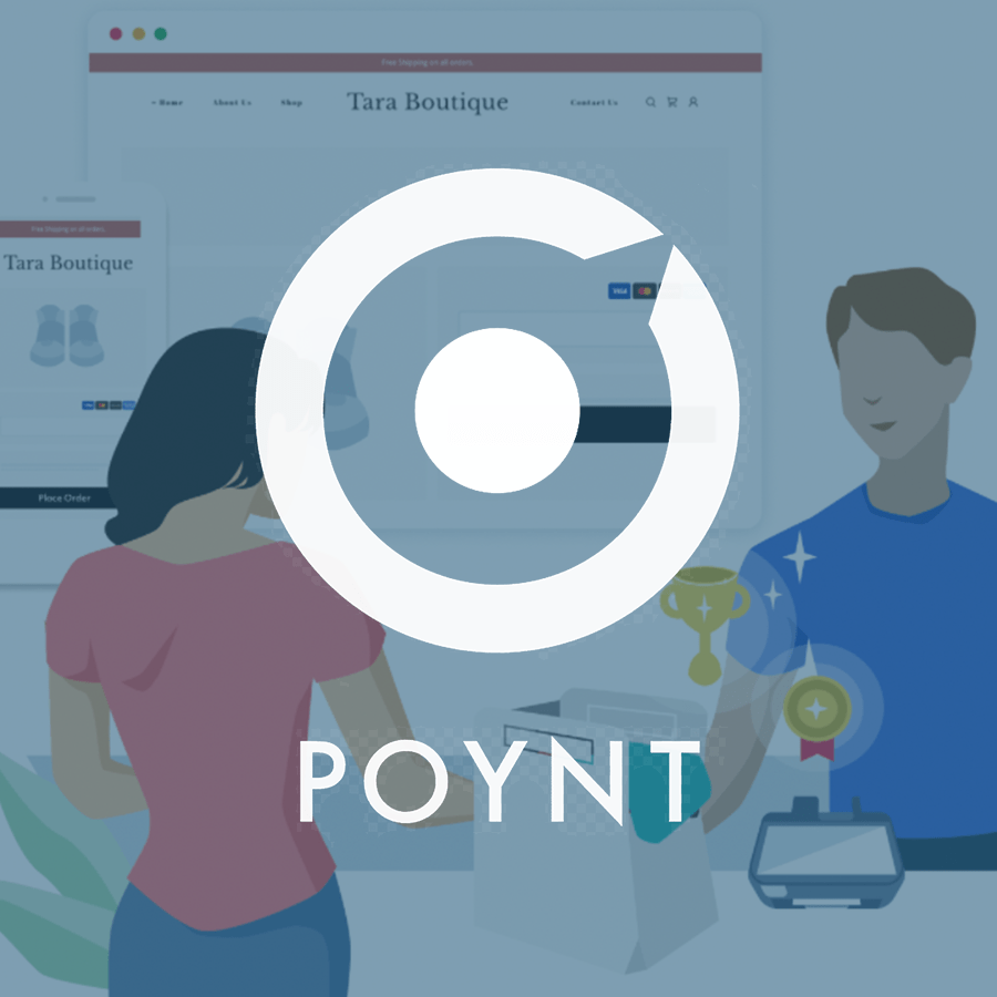 Poynt illustration showing a customer shopping at Tara Boutique, with the Poynt logo overlayed.