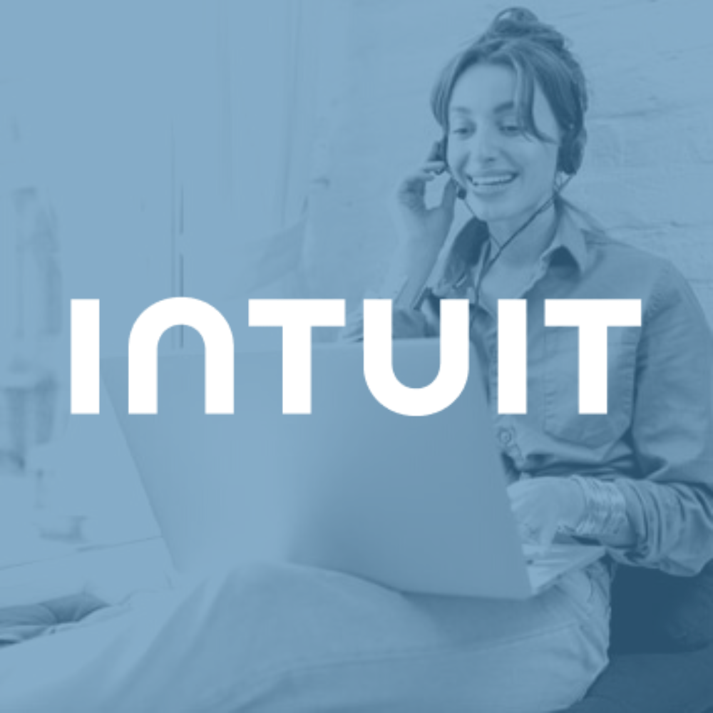 Woman with headset using laptop. Intuit logo overlay.