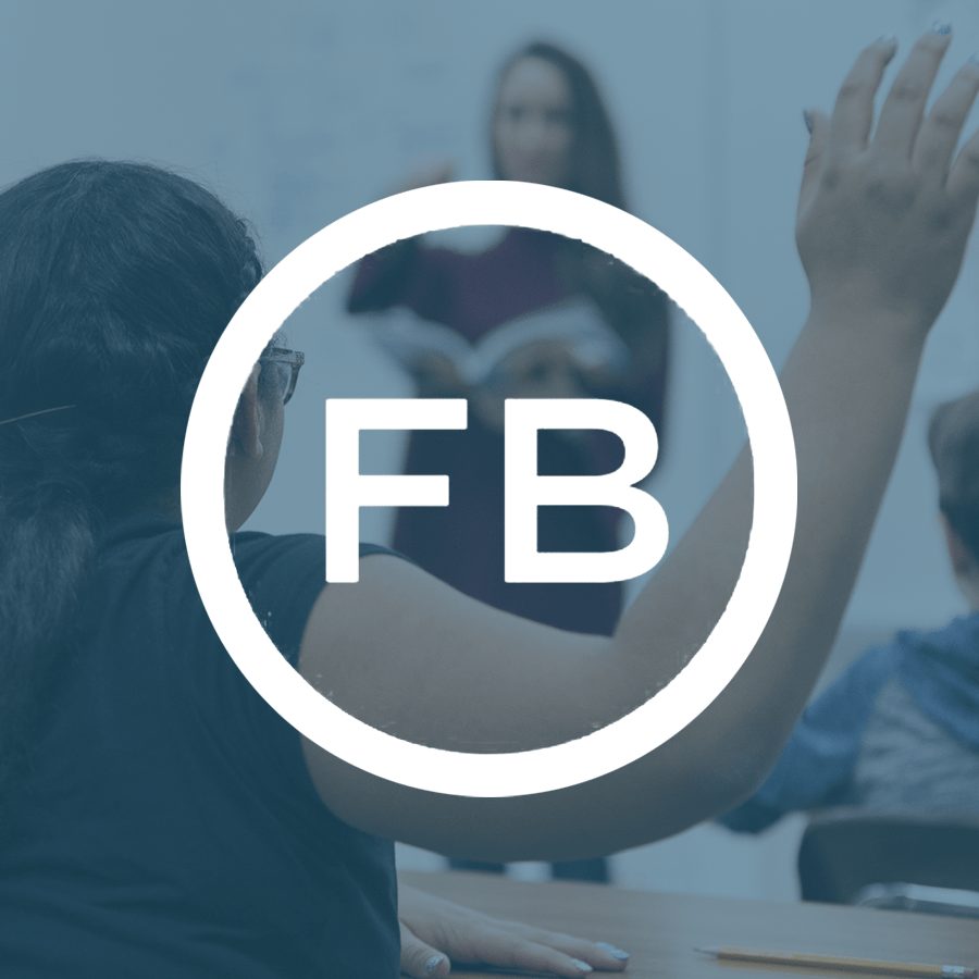Student raising hand in class, overlaid with "FB" in a circle. Facebook for Education.
