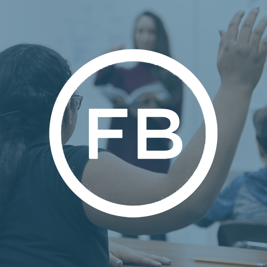 Student raising hand in class, overlaid with "FB" in a circle. Facebook for Education.