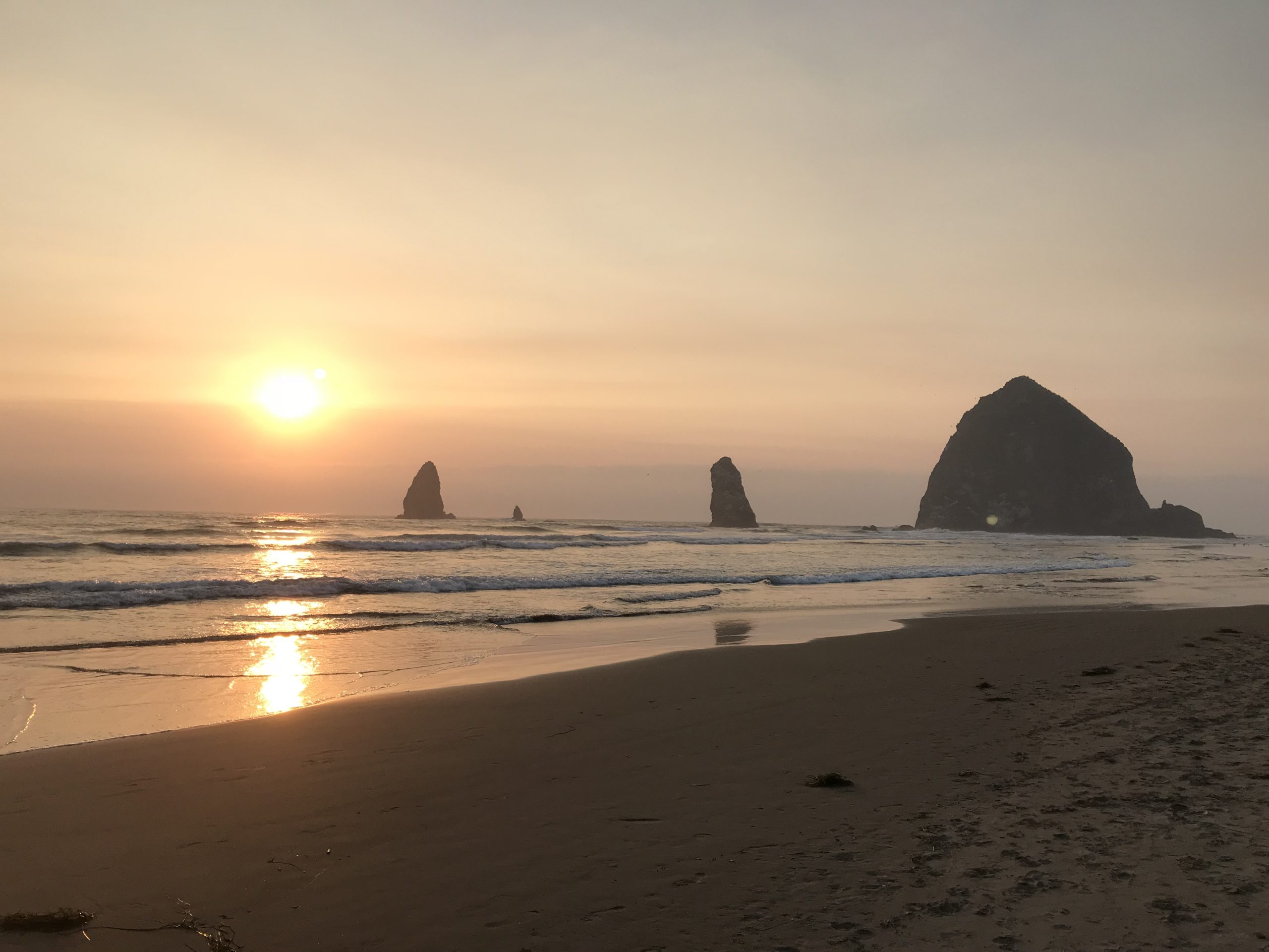 Sunset over Haystack Rock, Oregon coast. Golden light reflects on the beach and ocean waves.