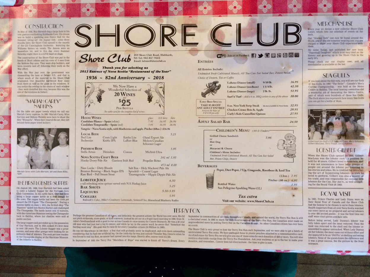 Shore Club Hubbards menu: Lobster dinner, surf & turf, history, and Terry Fox tribute.