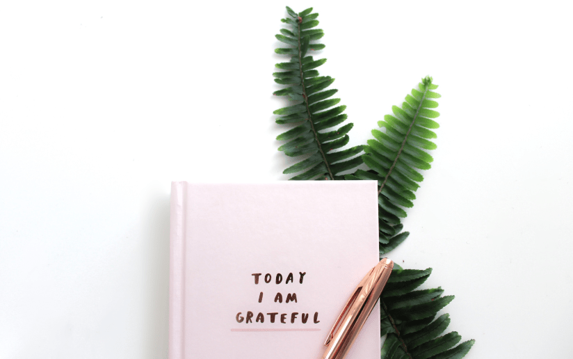 Gratitude journal with "Today I am grateful" text, pen, and fern. Consulting success concept.