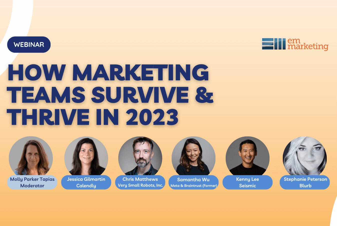 Webinar graphic: "How Marketing Teams Survive & Thrive in 2023," featuring speaker headshots.
