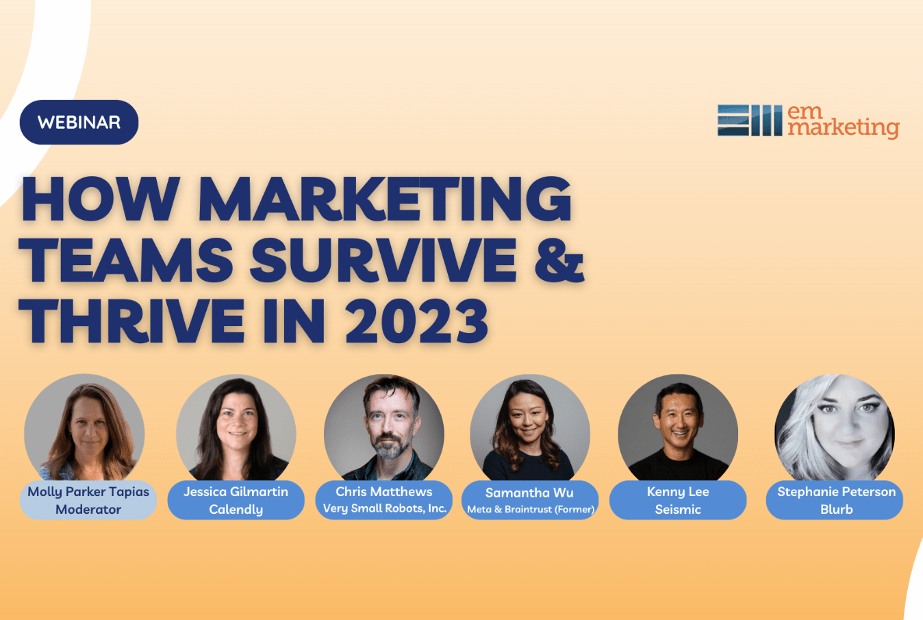 Webinar graphic: "How Marketing Teams Survive & Thrive in 2023," featuring speaker headshots.
