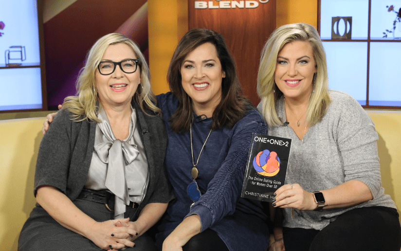 Christiane Hile, author of "ONE+ONE>2," with two women on Blend TV promoting her online dating guide for women over 50.