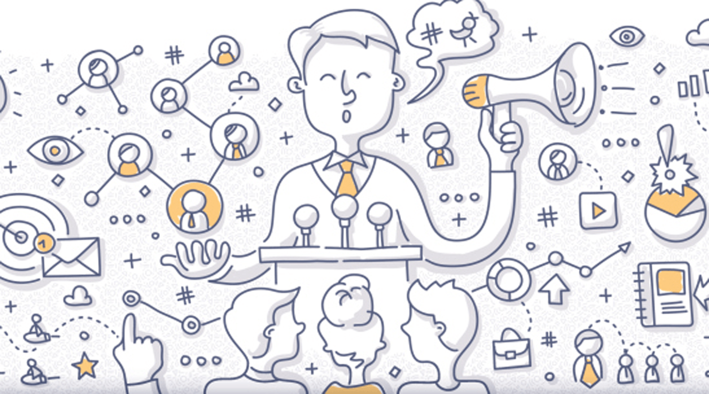 Speaker at a podium addressing an audience, representing influencer marketing and communication strategies.