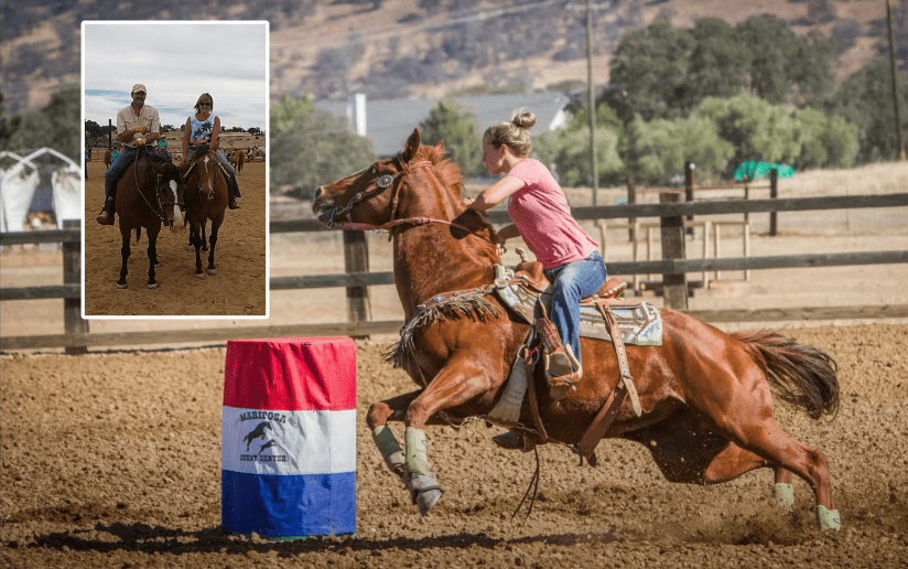 Woman barrel racing on horseback at a rodeo event. Side hustles in action: blending horses and community.