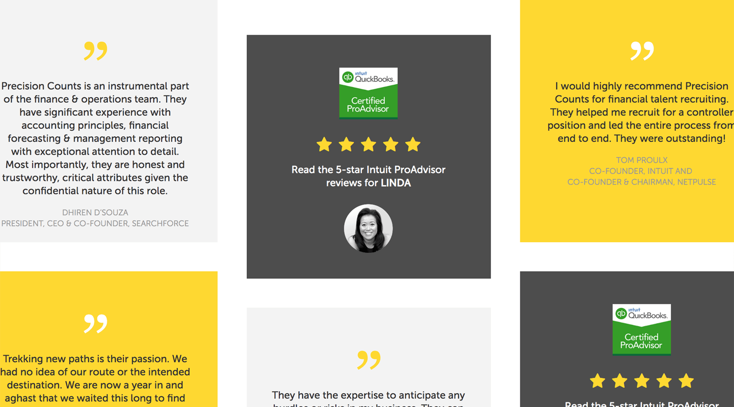 Client testimonials for Precision Counts, including QuickBooks ProAdvisor certification and 5-star reviews.