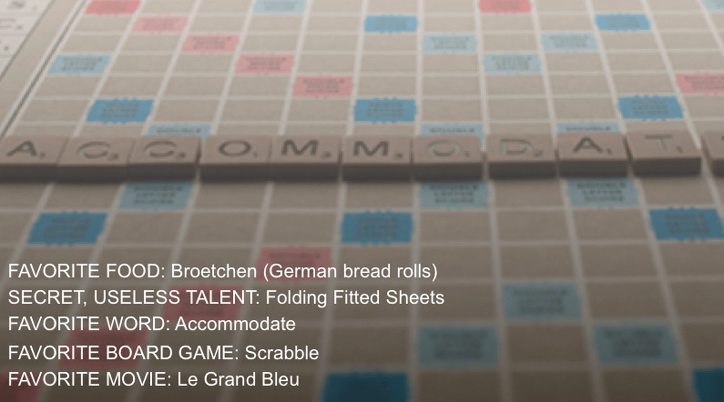 Scrabble board with the word ACCOMMODATE spelled out. Gretchen Hardings favorite word.