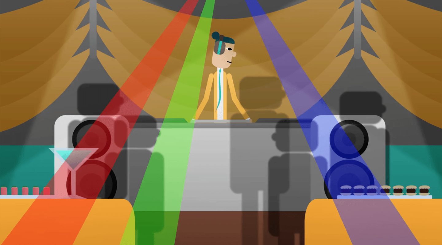 DJ at a party with colorful lights and speakers. Inbound marketing can improve ROI.