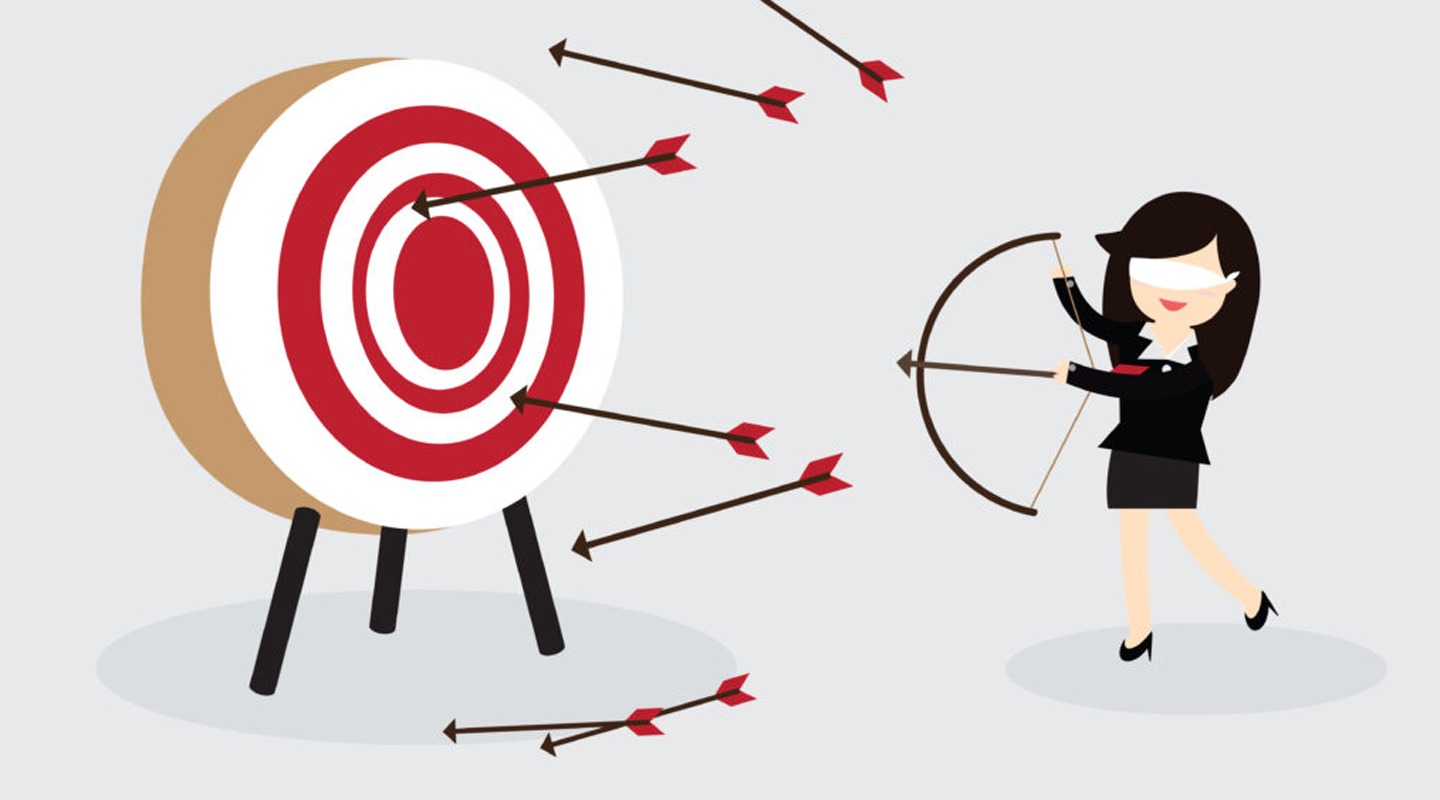 Blindfolded woman missing the target with arrows. Concept of ineffective advertising.