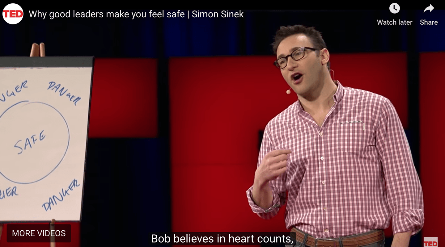 Simon Sinek giving a TED Talk about good leadership, emphasizing the importance of feeling safe.