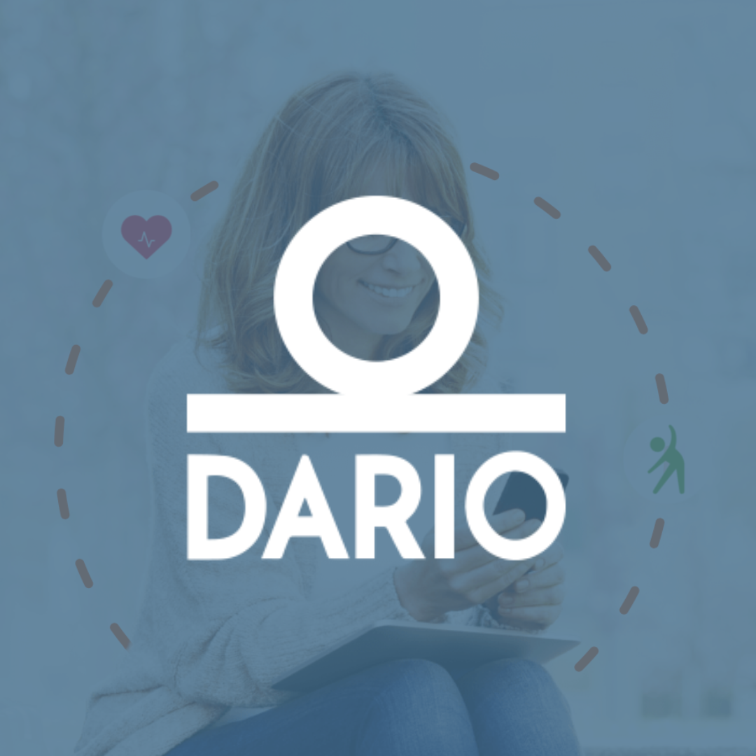Woman using DarioHealth app on her phone, surrounded by health icons.